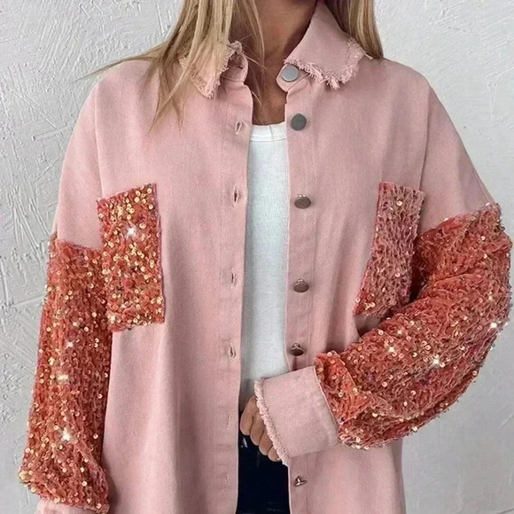 Baby Pink Party Women's Turn-Down Collar Contrast Sequin Raw Hem Button Shacket - Picture 3 of 5